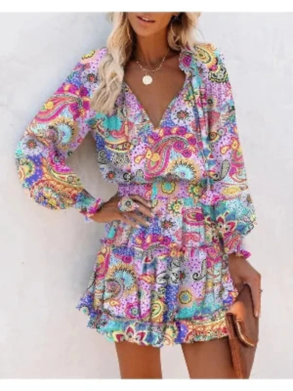 Women's Spring Fashion Casual Floral Print Lantern Sleeve Long Sleeve V Neck Ruffle Mini Waist Dress