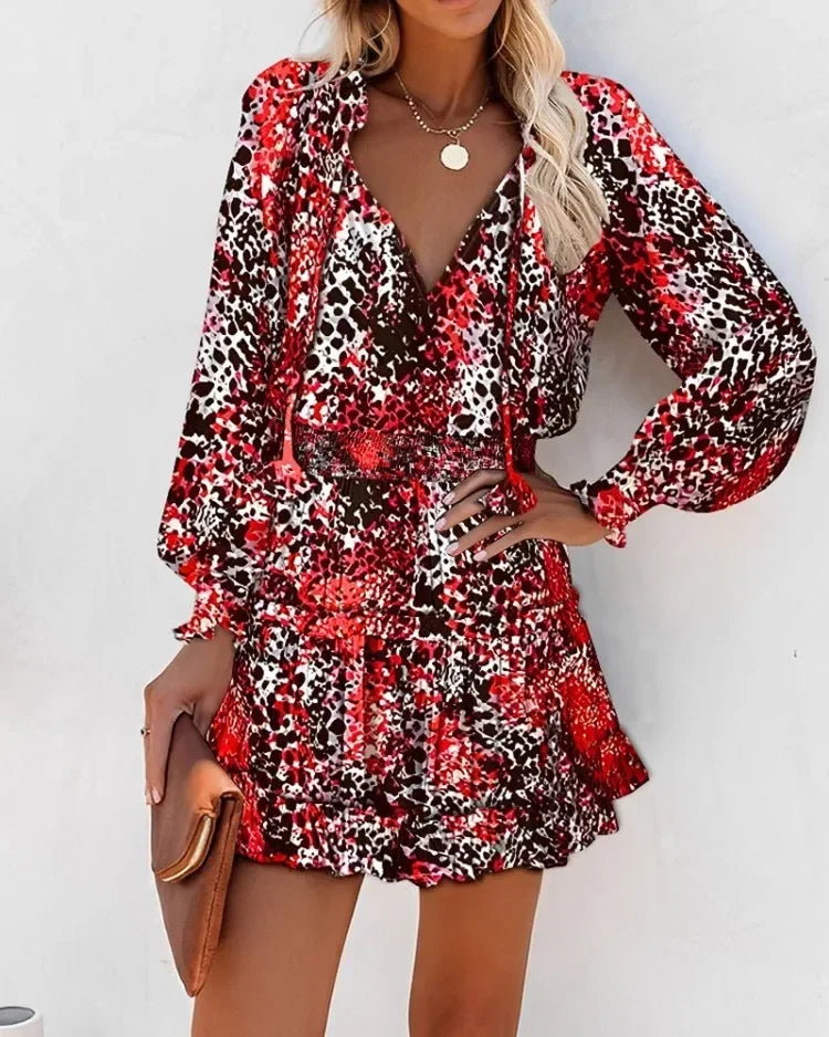 Women's Spring Fashion Casual Floral Print Lantern Sleeve Long Sleeve V Neck Ruffle Mini Waist Dress