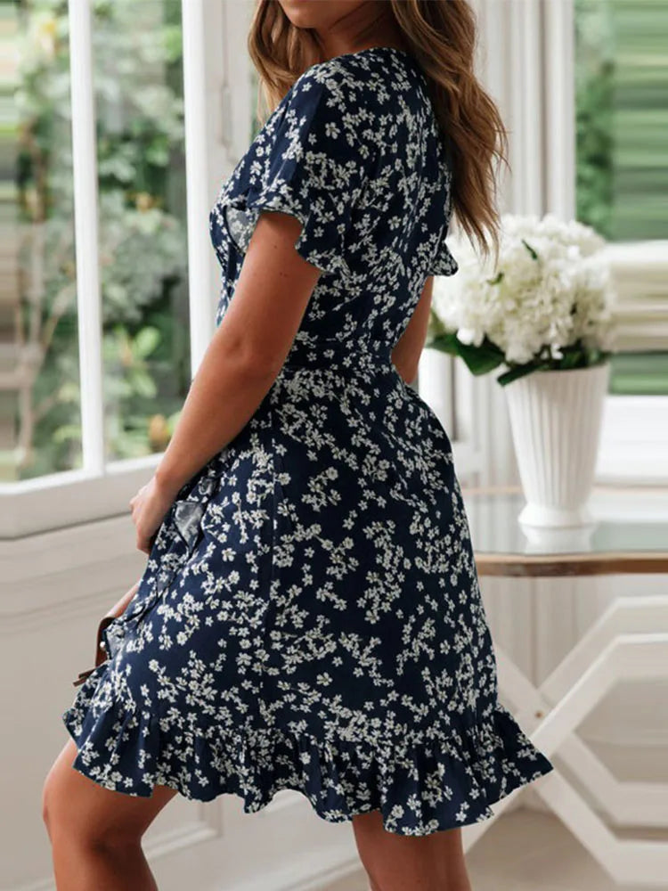 Boho Floral Print Ruffles Women's Dress