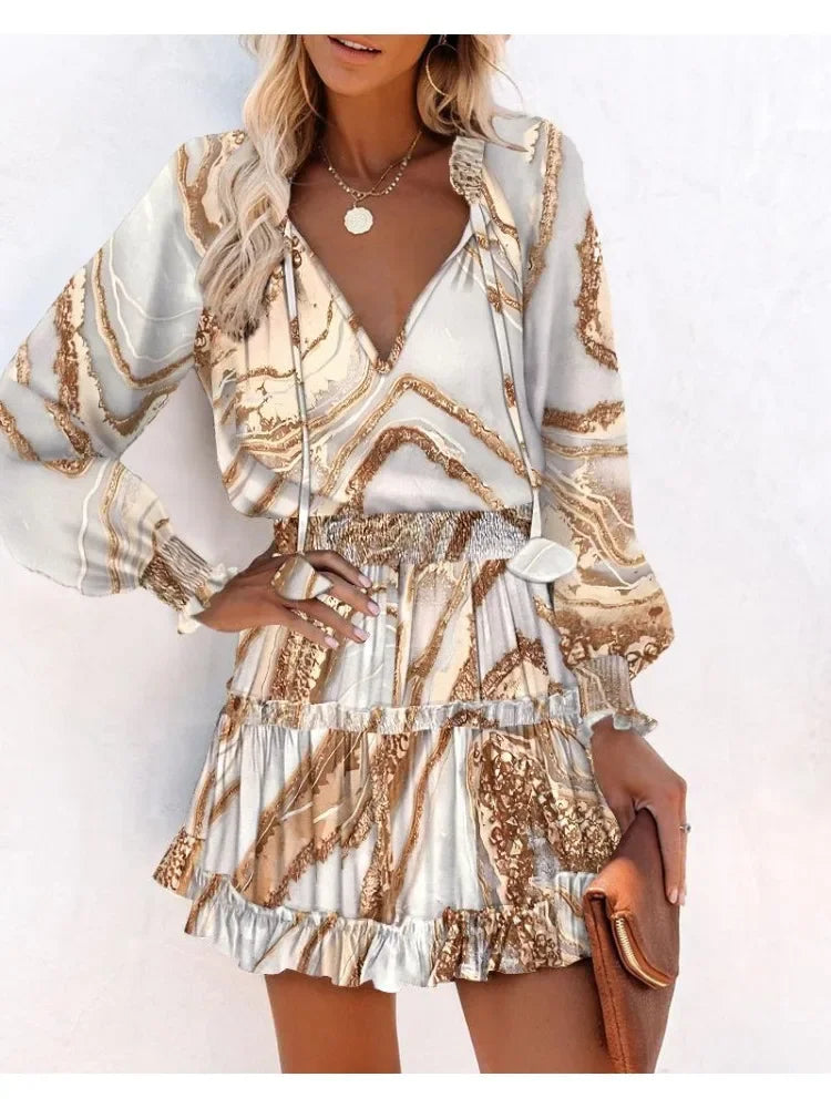 Women's Spring Fashion Casual Floral Print Lantern Sleeve Long Sleeve V Neck Ruffle Mini Waist Dress
