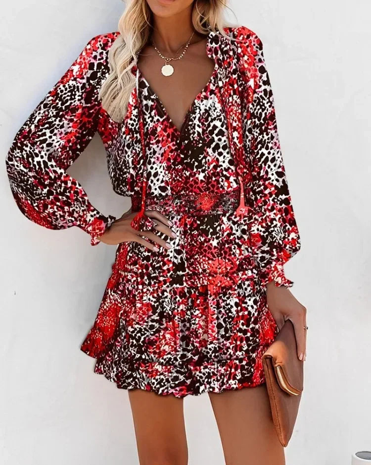Women's Spring Fashion Casual Floral Print Lantern Sleeve Long Sleeve V Neck Ruffle Mini Waist Dress