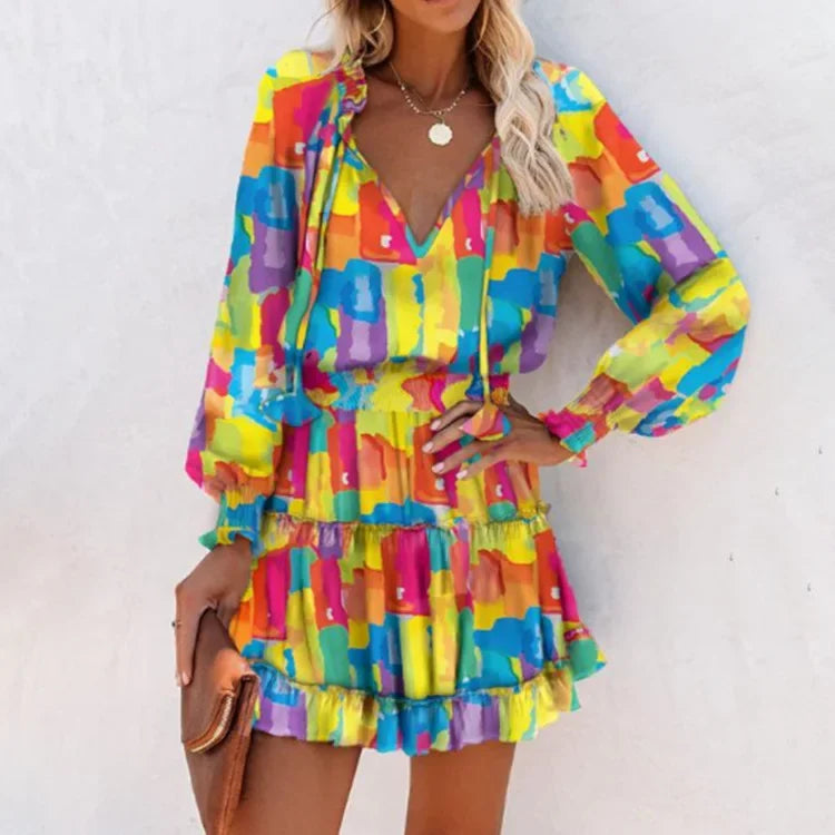 Women's Spring Fashion Casual Floral Print Lantern Sleeve Long Sleeve V Neck Ruffle Mini Waist Dress