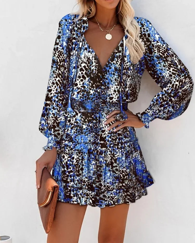 Women's Spring Fashion Casual Floral Print Lantern Sleeve Long Sleeve V Neck Ruffle Mini Waist Dress