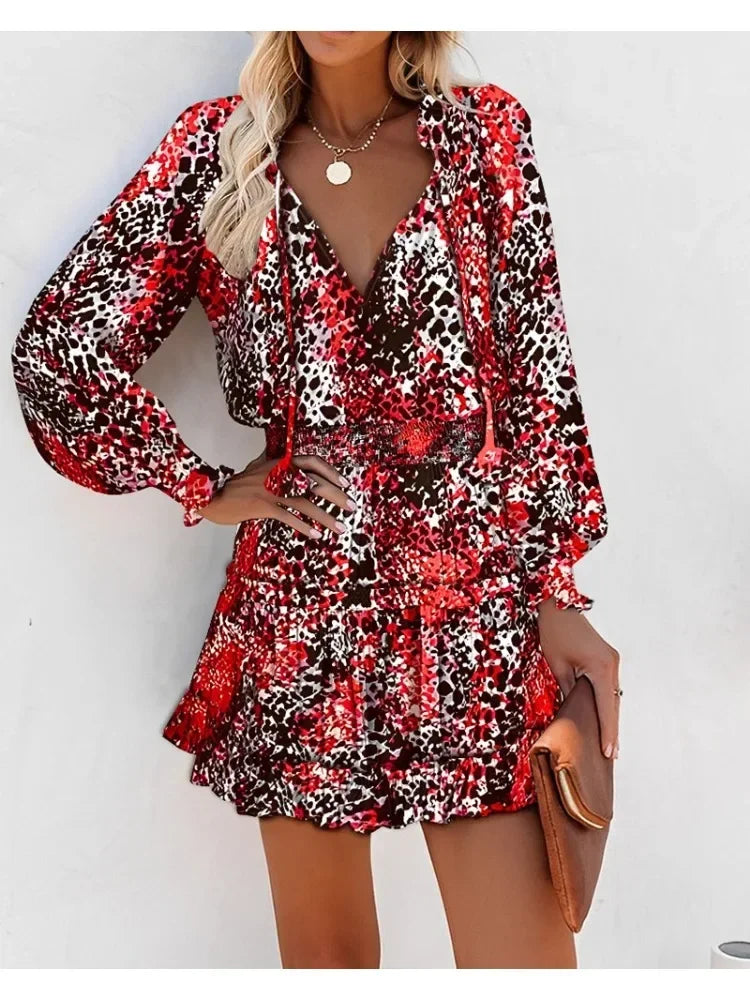 Women's Spring Fashion Casual Floral Print Lantern Sleeve Long Sleeve V Neck Ruffle Mini Waist Dress