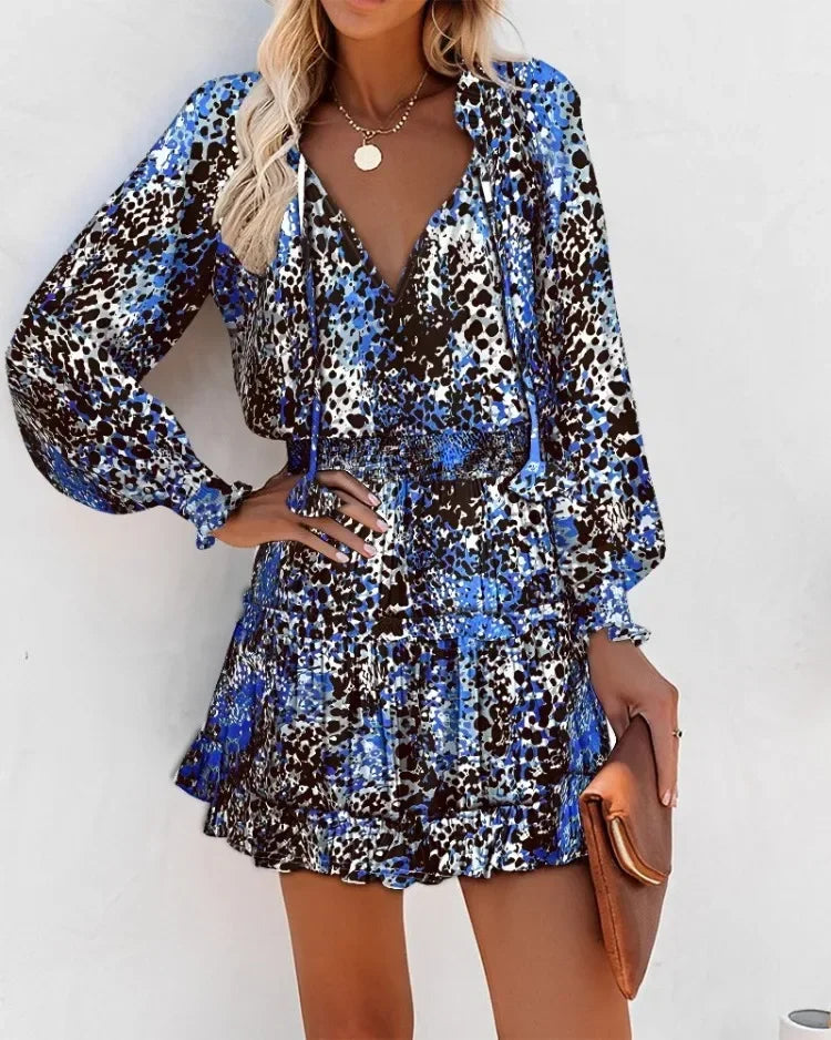 Women's Spring Fashion Casual Floral Print Lantern Sleeve Long Sleeve V Neck Ruffle Mini Waist Dress