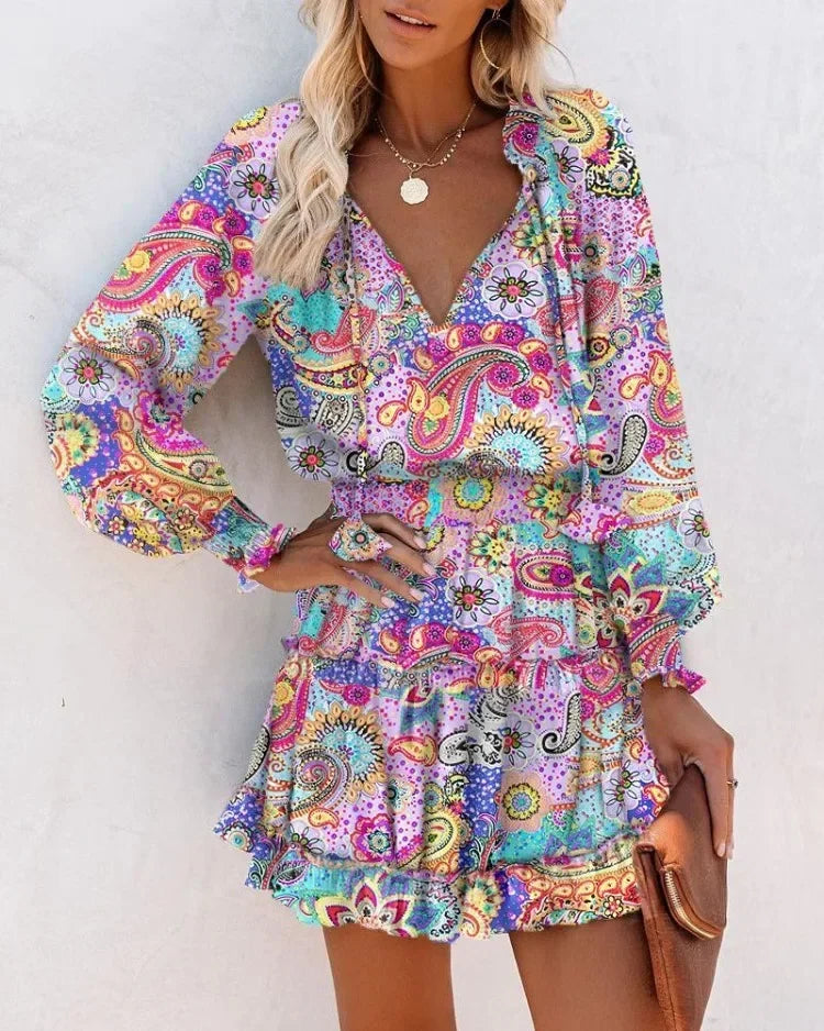 Women's Spring Fashion Casual Floral Print Lantern Sleeve Long Sleeve V Neck Ruffle Mini Waist Dress