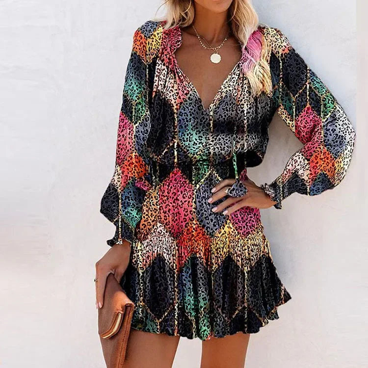 Women's Spring Fashion Casual Floral Print Lantern Sleeve Long Sleeve V Neck Ruffle Mini Waist Dress