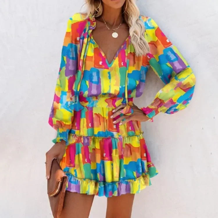 Women's Spring Fashion Casual Floral Print Lantern Sleeve Long Sleeve V Neck Ruffle Mini Waist Dress