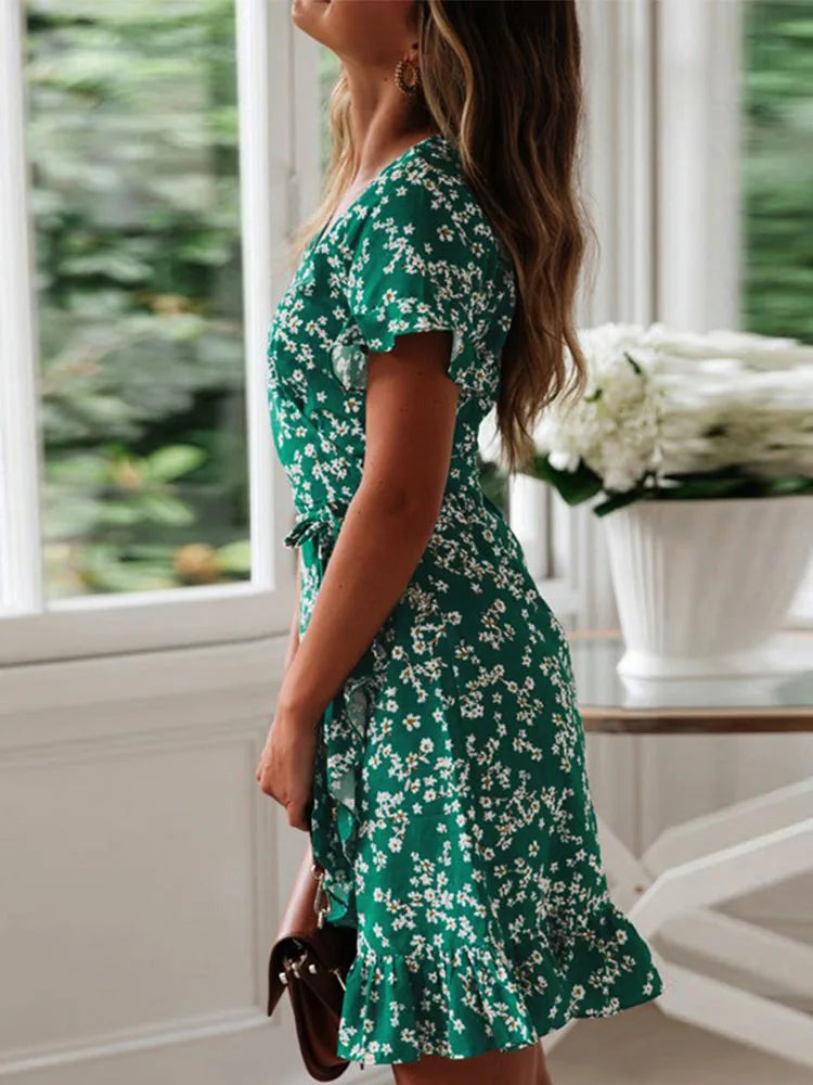 Boho Floral Print Ruffles Women's Dress