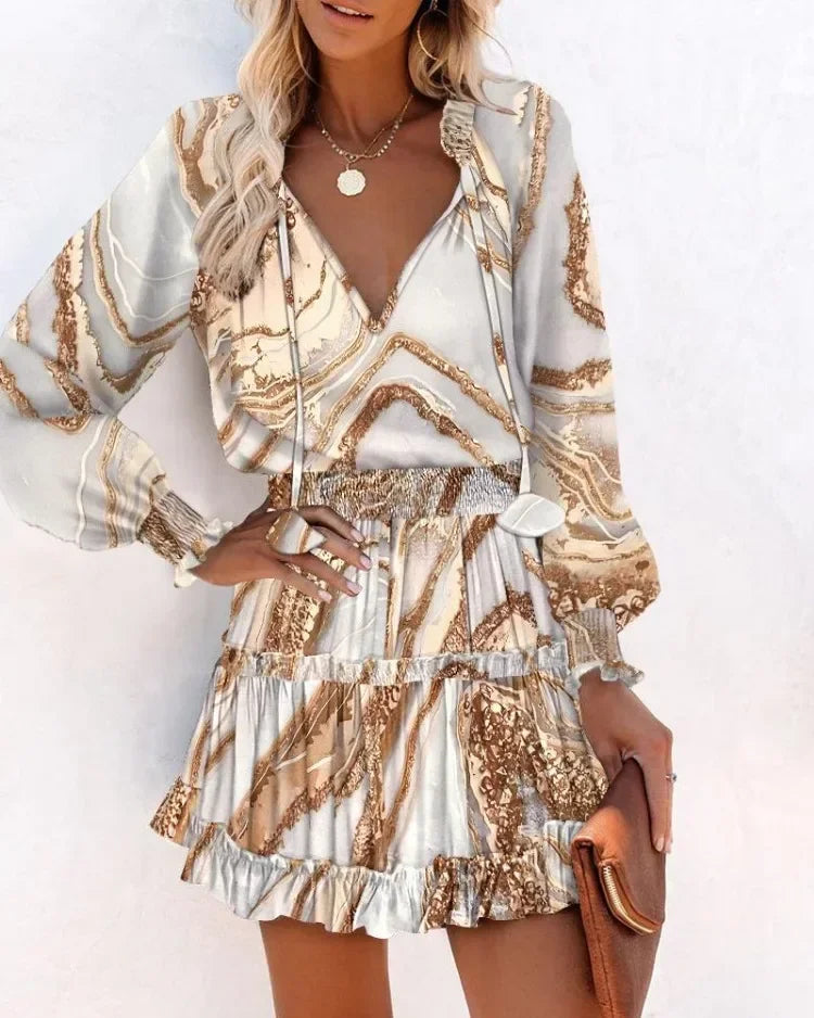 Women's Spring Fashion Casual Floral Print Lantern Sleeve Long Sleeve V Neck Ruffle Mini Waist Dress