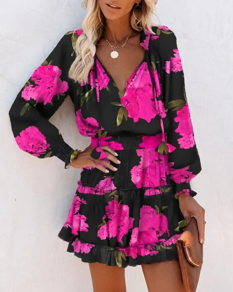 Women's Spring Fashion Casual Floral Print Lantern Sleeve Long Sleeve V Neck Ruffle Mini Waist Dress