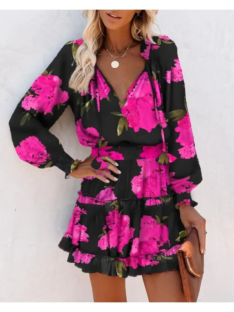 Women's Spring Fashion Casual Floral Print Lantern Sleeve Long Sleeve V Neck Ruffle Mini Waist Dress