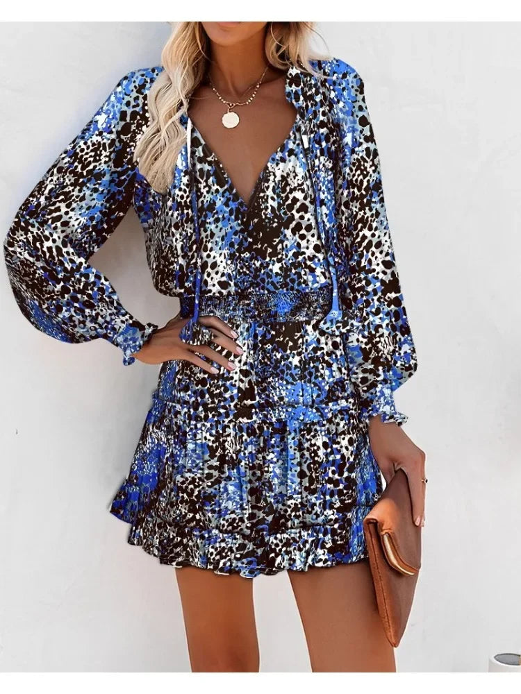 Women's Spring Fashion Casual Floral Print Lantern Sleeve Long Sleeve V Neck Ruffle Mini Waist Dress