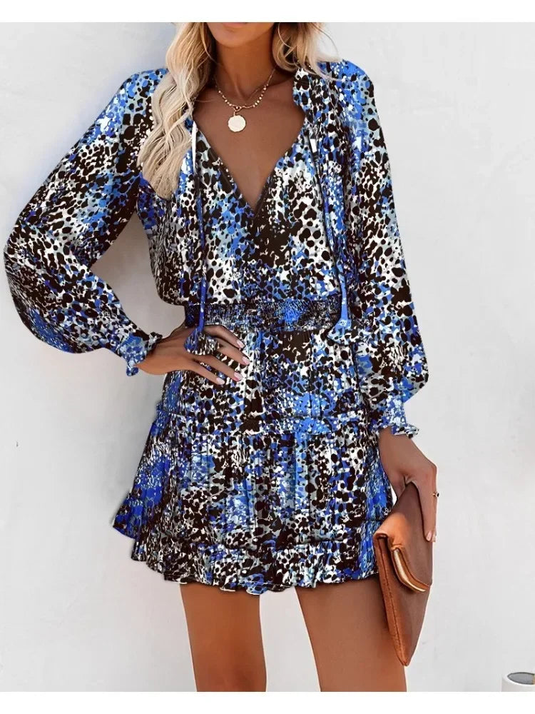 Women's Spring Fashion Casual Floral Print Lantern Sleeve Long Sleeve V Neck Ruffle Mini Waist Dress