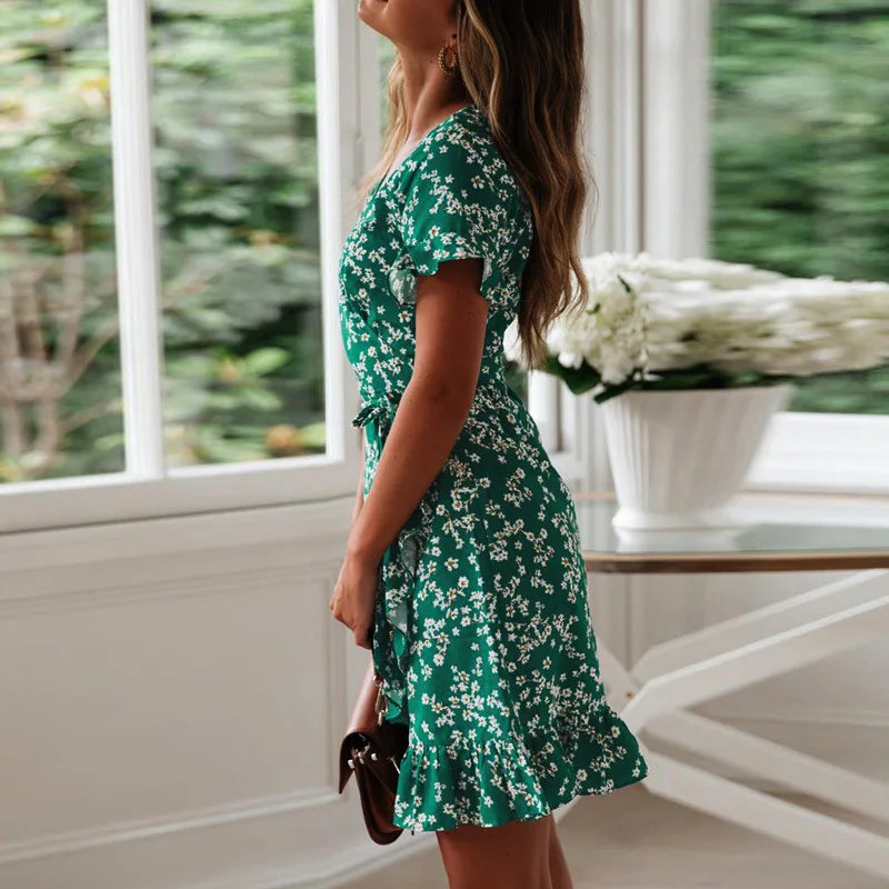 Boho Floral Print Ruffles Women's Dress