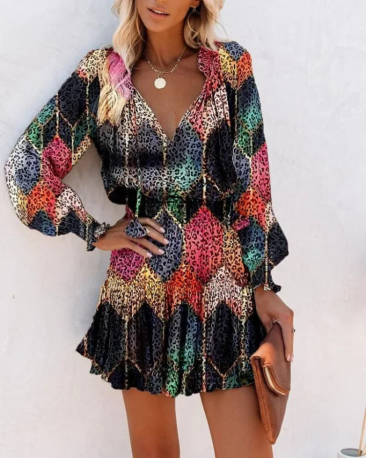 Women's Spring Fashion Casual Floral Print Lantern Sleeve Long Sleeve V Neck Ruffle Mini Waist Dress