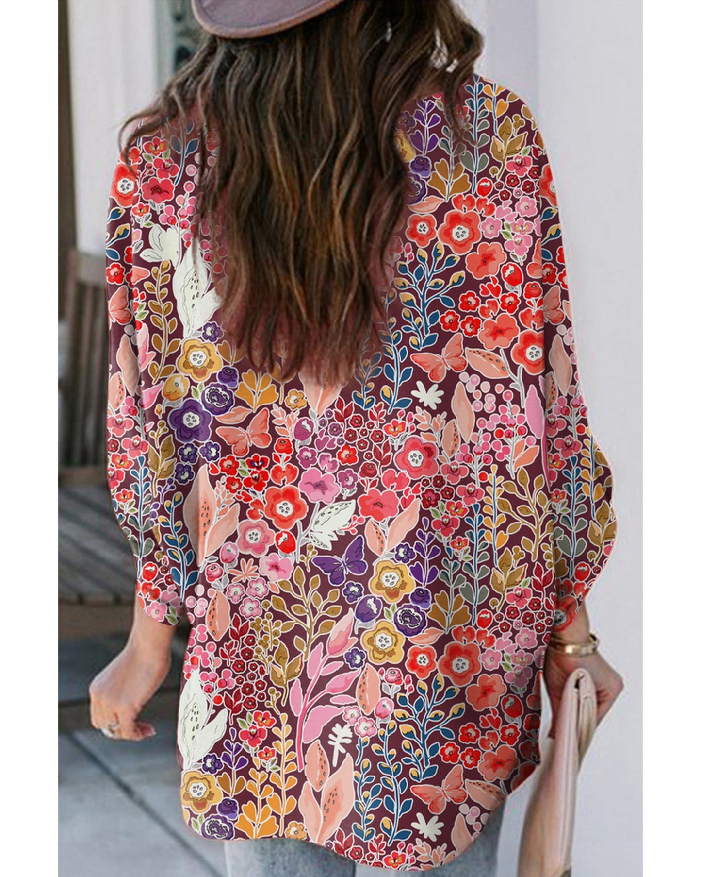 Azura Exchange Boho Floral Long Sleeve V-Neck Blouse - Medium