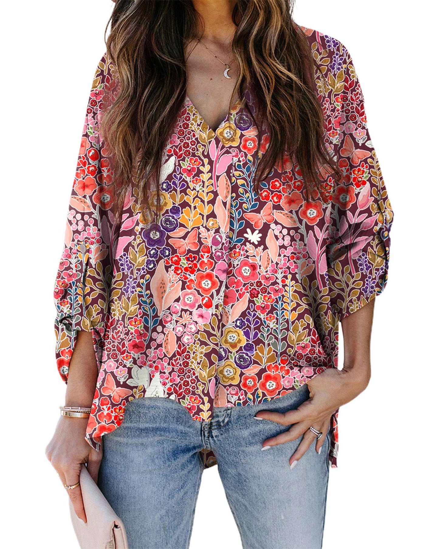 Azura Exchange Boho Floral Long Sleeve V-Neck Blouse - Medium