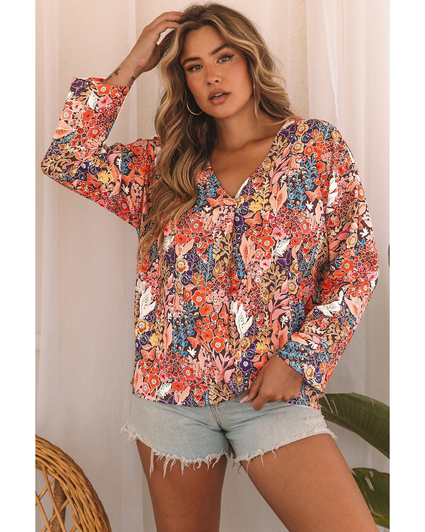 Azura Exchange Boho Floral Long Sleeve V-Neck Blouse - Medium