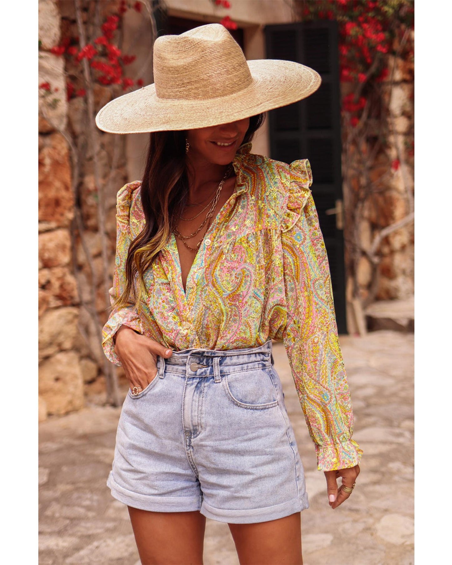 Azura Exchange Paisley Print Ruffled Trim Boho Shirt - Large
