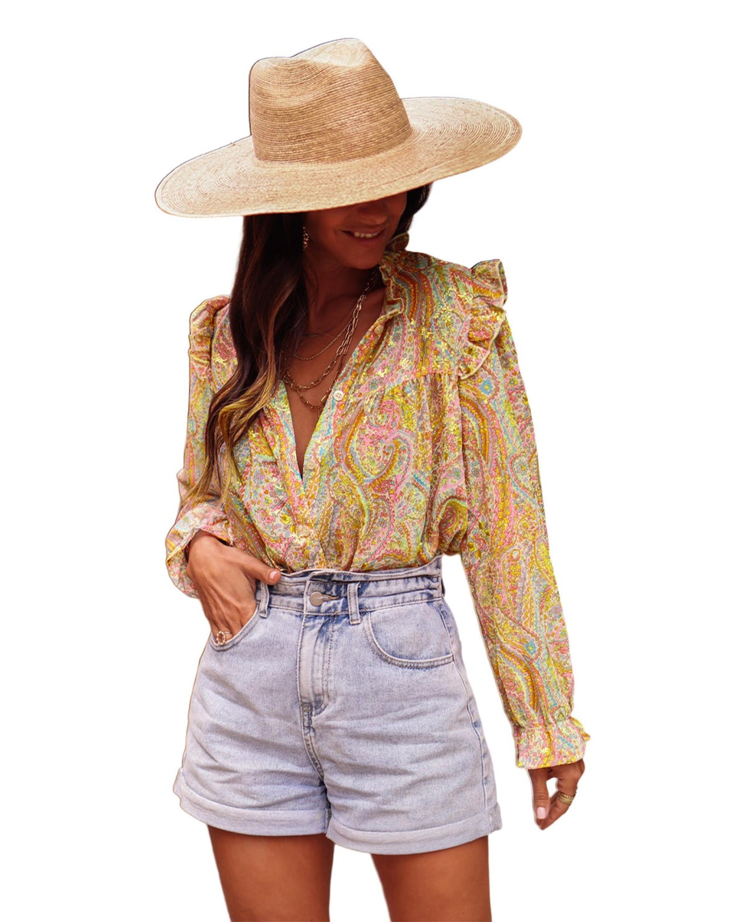 Azura Exchange Paisley Print Ruffled Trim Boho Shirt - Large