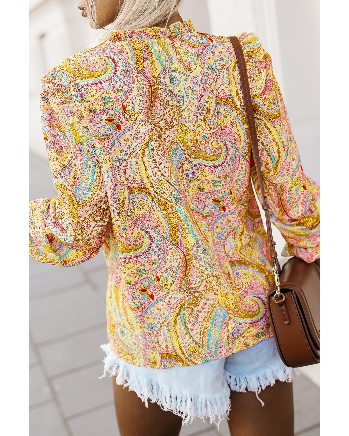 Azura Exchange Paisley Print Ruffled Trim Boho Shirt - Large