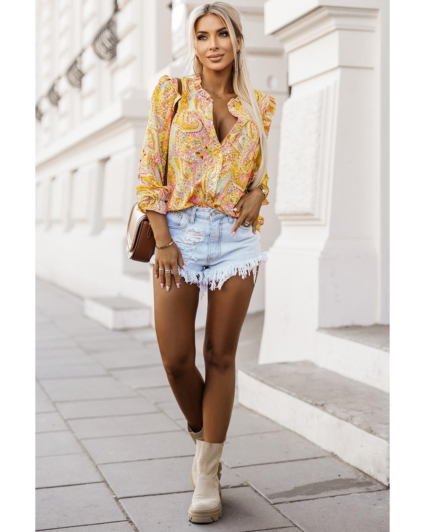 Azura Exchange Paisley Print Ruffled Trim Boho Shirt - Large