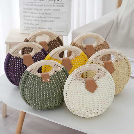 Brown Boho Circle Straw Bag - Stylish Woven Tote with Round Handles