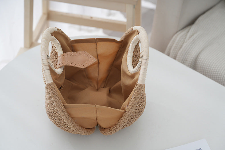 Khaki Boho Circle Straw Bag - Stylish Woven Tote with Round Handles