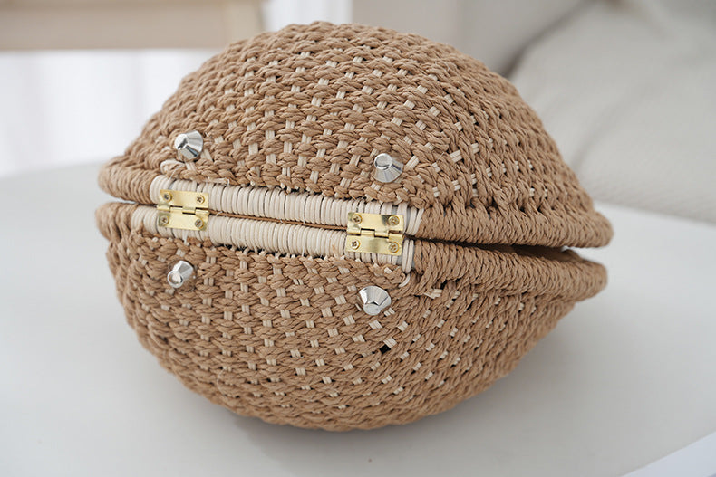Khaki Boho Circle Straw Bag - Stylish Woven Tote with Round Handles