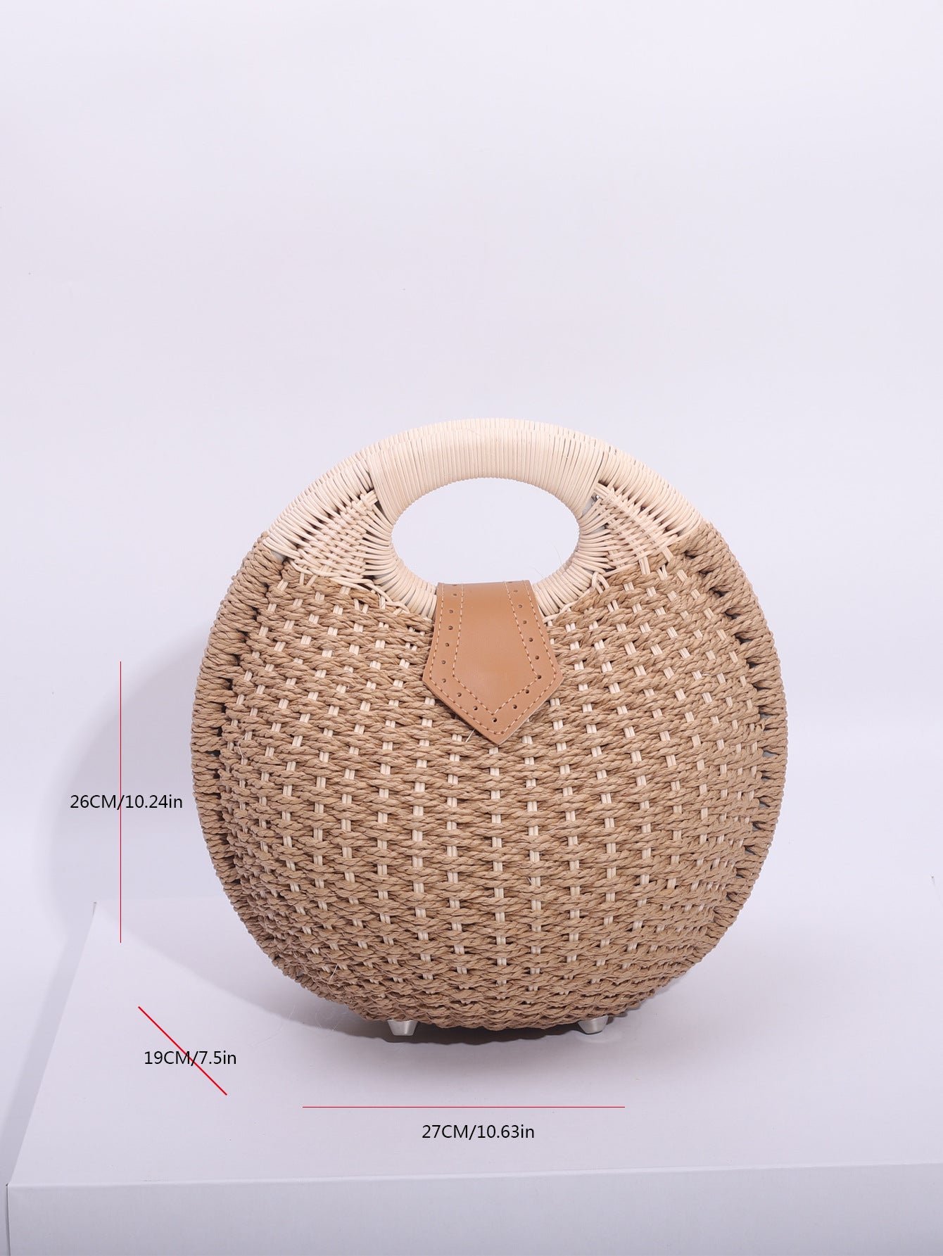 Khaki Boho Circle Straw Bag - Stylish Woven Tote with Round Handles