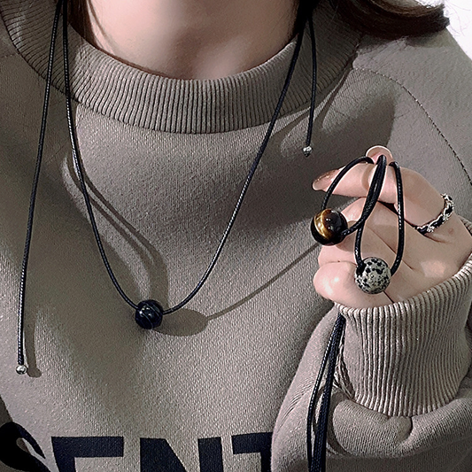 Vintage Geometric Natural Stone Bead Pendant Necklace Adjustable Black Rope Collarbone Chain Unisex Boho Jewelry Gift-Blue point stone
