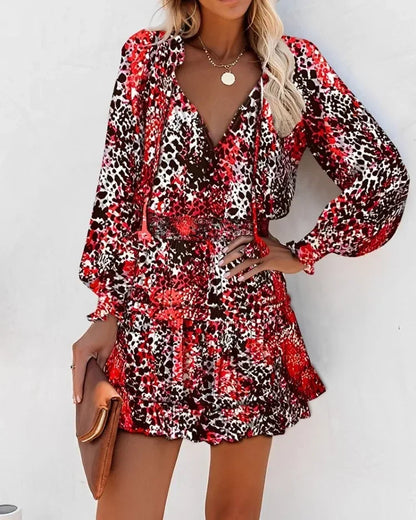 Women's Spring Fashion Casual Floral Print Lantern Sleeve Long Sleeve V Neck Ruffle Mini Waist Dress