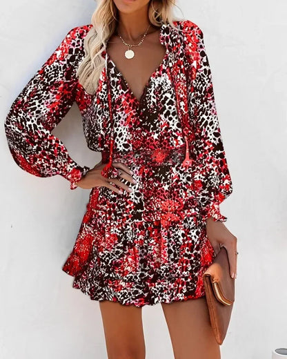 Women's Spring Fashion Casual Floral Print Lantern Sleeve Long Sleeve V Neck Ruffle Mini Waist Dress