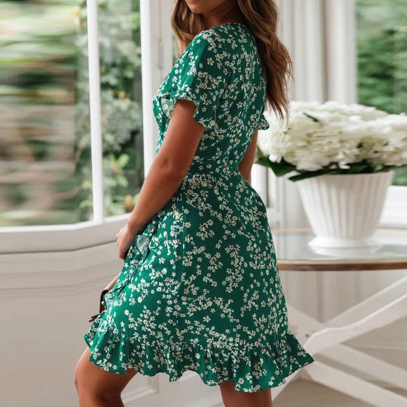 Boho Floral Print Ruffles Women's Dress
