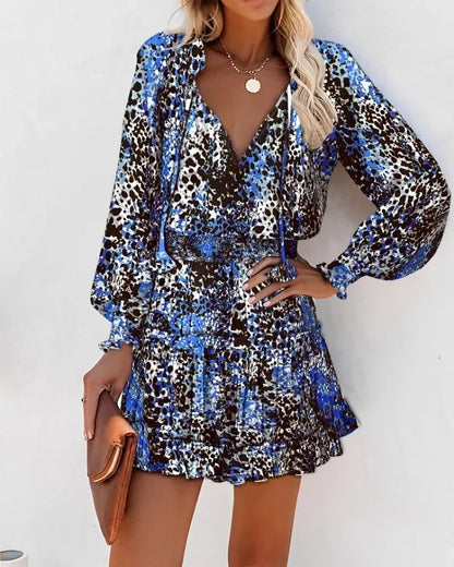 Women's Spring Fashion Casual Floral Print Lantern Sleeve Long Sleeve V Neck Ruffle Mini Waist Dress
