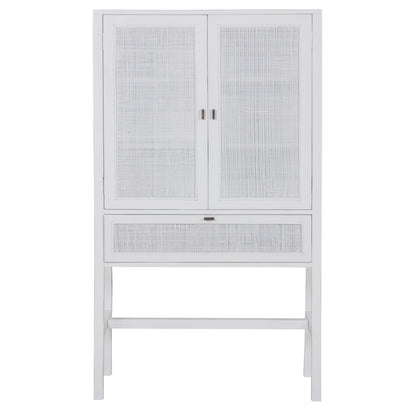 Jasmine Tall Storage Cabinet 90cm 2 Door 1 Drawer Mindi Wood Rattan - White