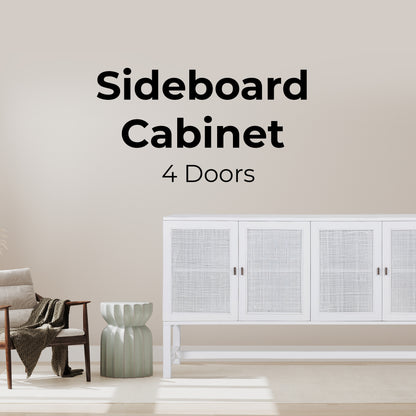 Jasmine Sideboard Buffet Table 160cm 4 Door Mindi Wood Rattan - White