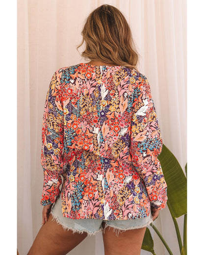 Azura Exchange Boho Floral Long Sleeve V-Neck Blouse - Large