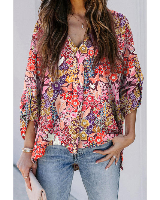 Azura Exchange Boho Floral Long Sleeve V-Neck Blouse - Medium