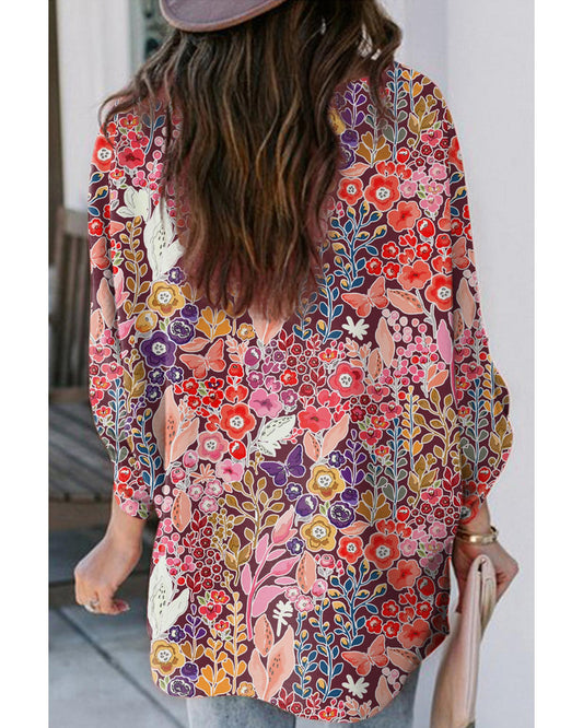 Azura Exchange Boho Floral Long Sleeve V-Neck Blouse - Medium