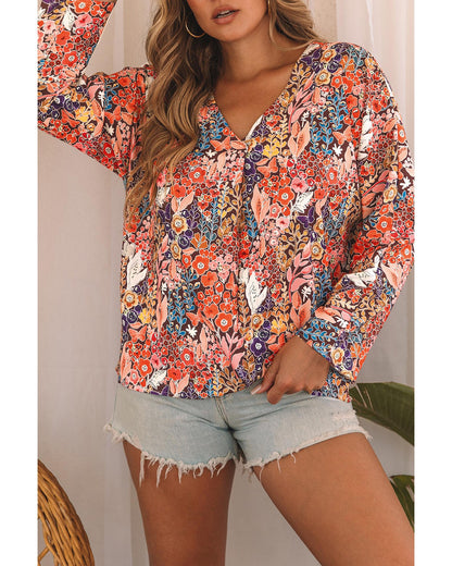 Azura Exchange Boho Floral Long Sleeve V-Neck Blouse - Small