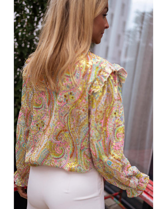 Azura Exchange Paisley Print Ruffled Trim Boho Shirt - Large
