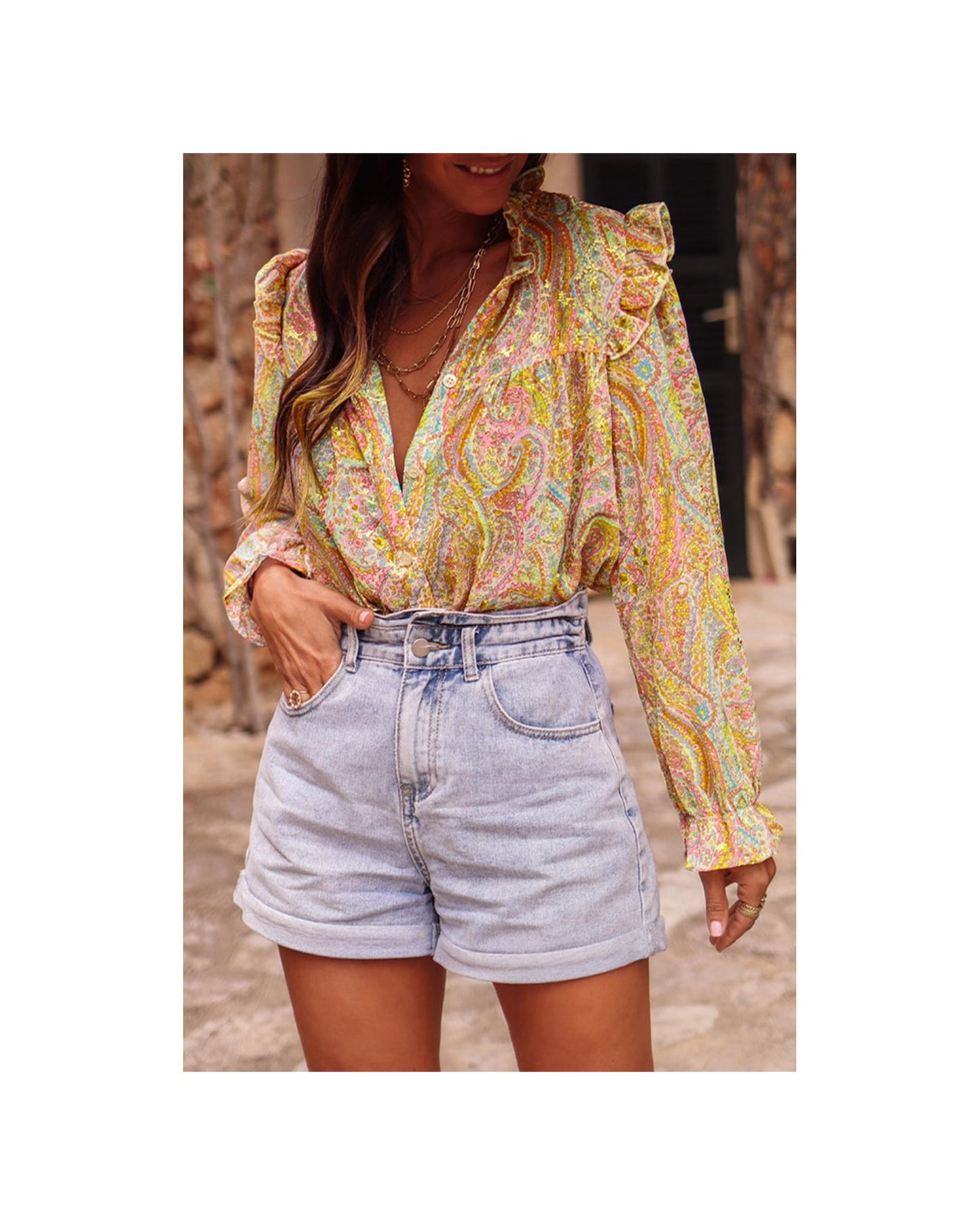 Azura Exchange Paisley Print Ruffled Trim Boho Shirt - Small