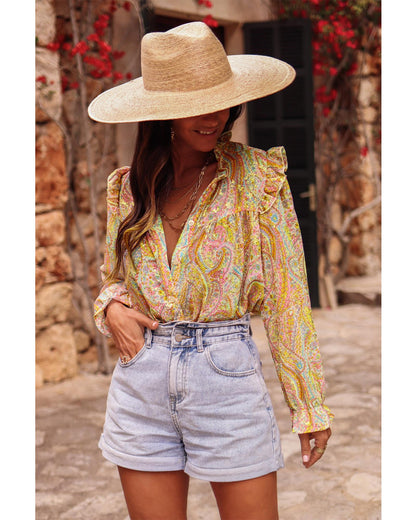 Azura Exchange Paisley Print Ruffled Trim Boho Shirt - Small
