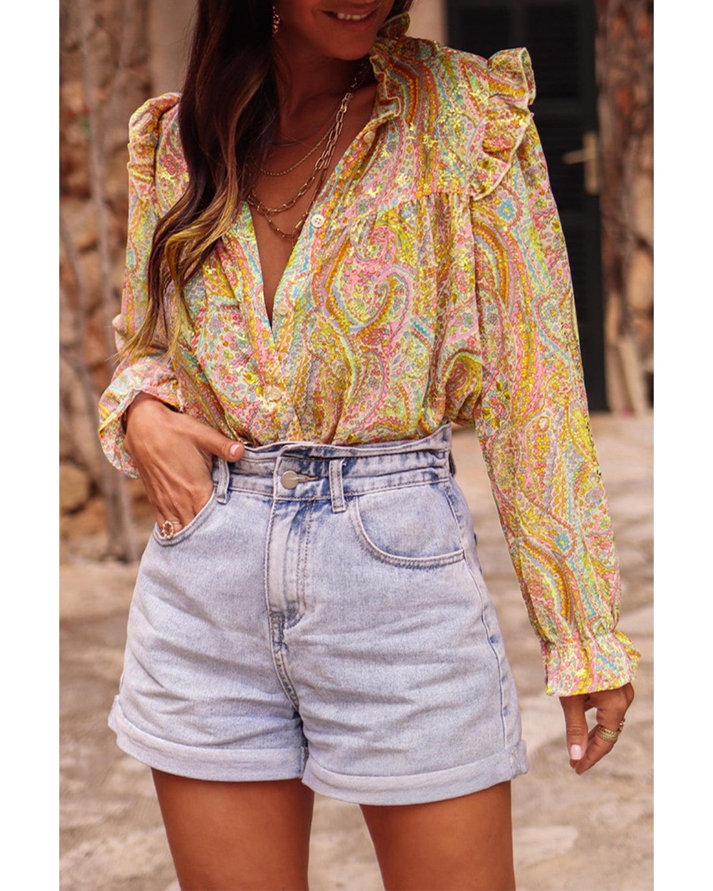 Azura Exchange Paisley Print Ruffled Trim Boho Shirt - Small
