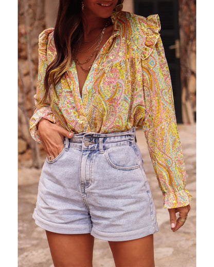 Azura Exchange Paisley Print Ruffled Trim Boho Shirt - Small