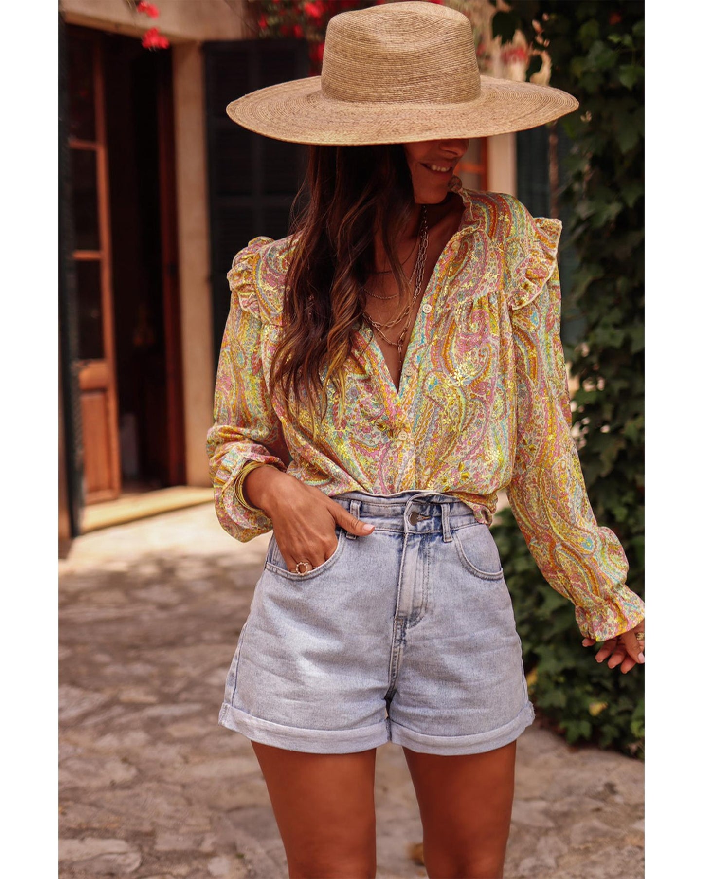 Azura Exchange Paisley Print Ruffled Trim Boho Shirt - Small