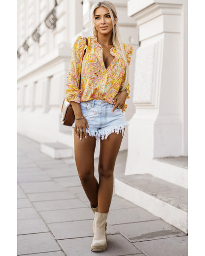 Azura Exchange Paisley Print Ruffled Trim Boho Shirt - Small