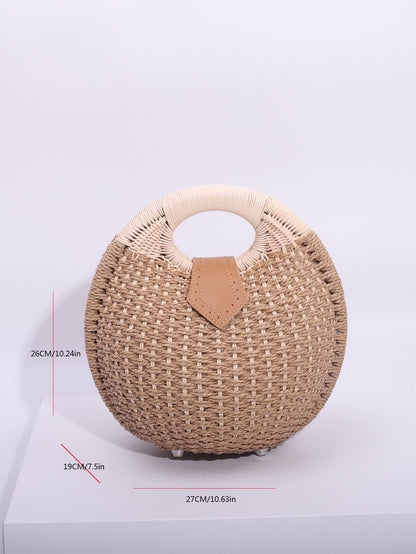 Purple Boho Circle Straw Bag - Stylish Woven Tote with Round Handles